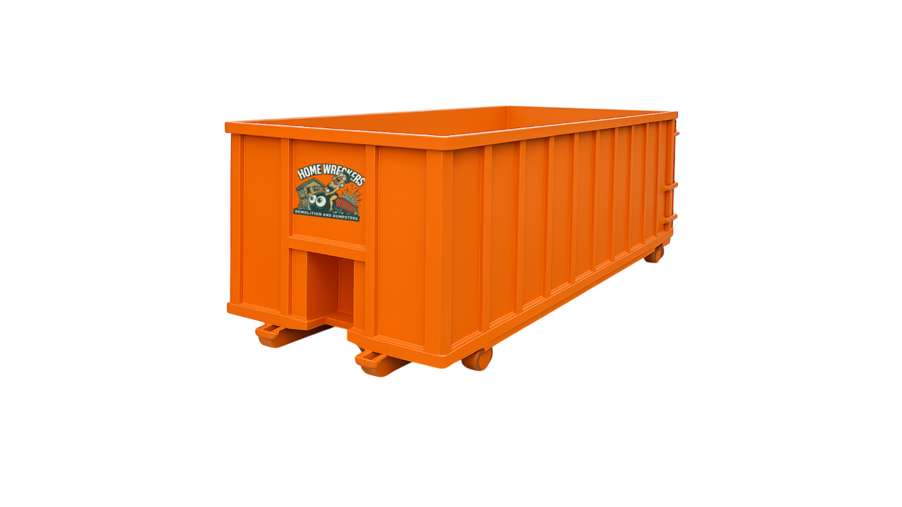 Orange roll-off dumpster with Home Wreckers Demolition and Dumpsters logo, designed for residential and commercial waste removal.