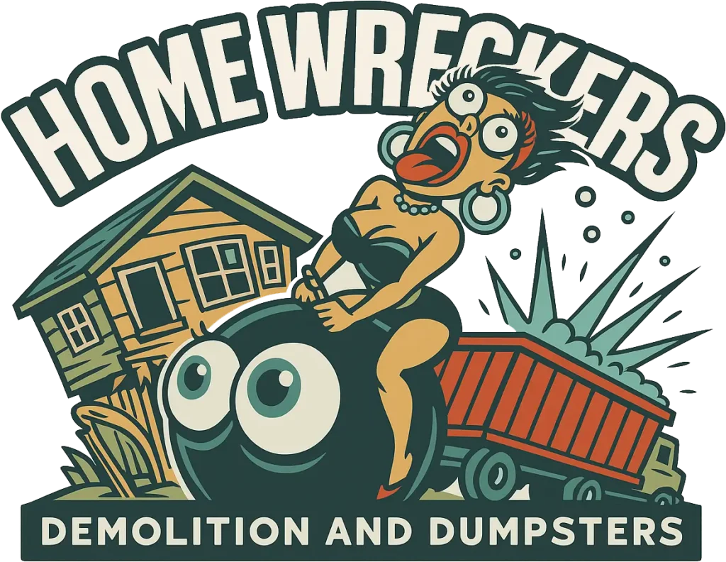 Home Wreckers Demolition and Dumpsters logo featuring a cartoon woman on a wrecking ball, a house, and a dumpster, emphasizing demolition and waste removal services.