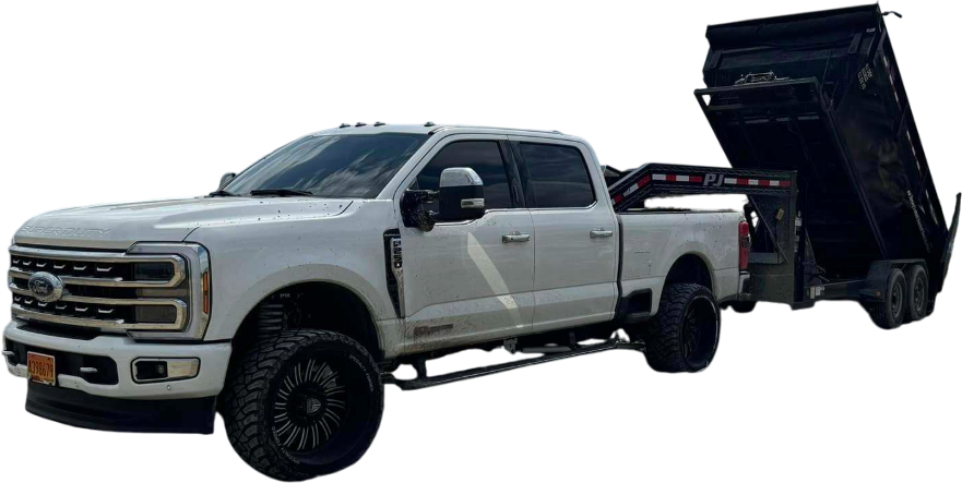 White pickup truck towing a roll-off dumpster, showcasing Home Wreckers' dumpster rental services for DIY projects and junk removal.