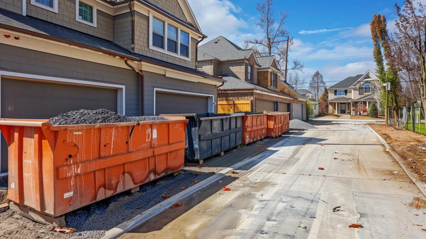 Large roll-off dumpsters in Ocean City, MD at a residential home renovation project, showing 15-yard and 20-yard dumpsters side by side, clean suburban setting, construction debris, bright daylight, realistic photography style, professional waste management service