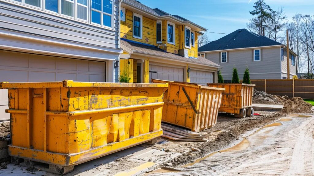 Large roll-off dumpsters in Ocean City, MD at a residential home renovation project, showing 15-yard and 20-yard dumpsters side by side, clean suburban setting, construction debris, bright daylight, realistic photography style, professional waste management service