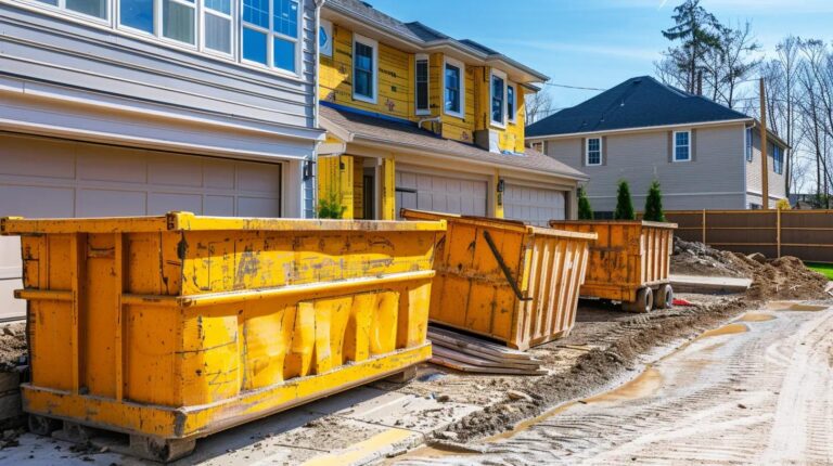 Large roll-off dumpsters in Ocean City, MD at a residential home renovation project, showing 15-yard and 20-yard dumpsters side by side, clean suburban setting, construction debris, bright daylight, realistic photography style, professional waste management service