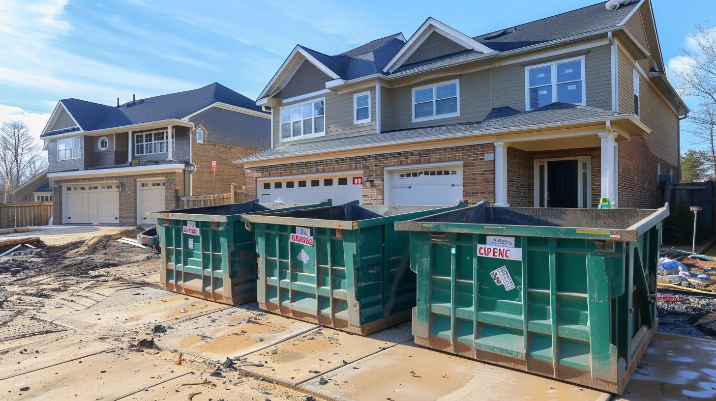 Large roll-off dumpsters in Ocean City, MD at a residential home renovation project, showing 15-yard and 20-yard dumpsters side by side, clean suburban setting, construction debris, bright daylight, realistic photography style, professional waste management service