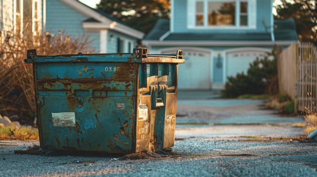 Canon DSLR photo of a roll-off dumpster in a beach house driveway, Ocean City Maryland, shot with 35mm lens, natural sunlight, slight shadows, true-to-life colors, no filters, candid property photo